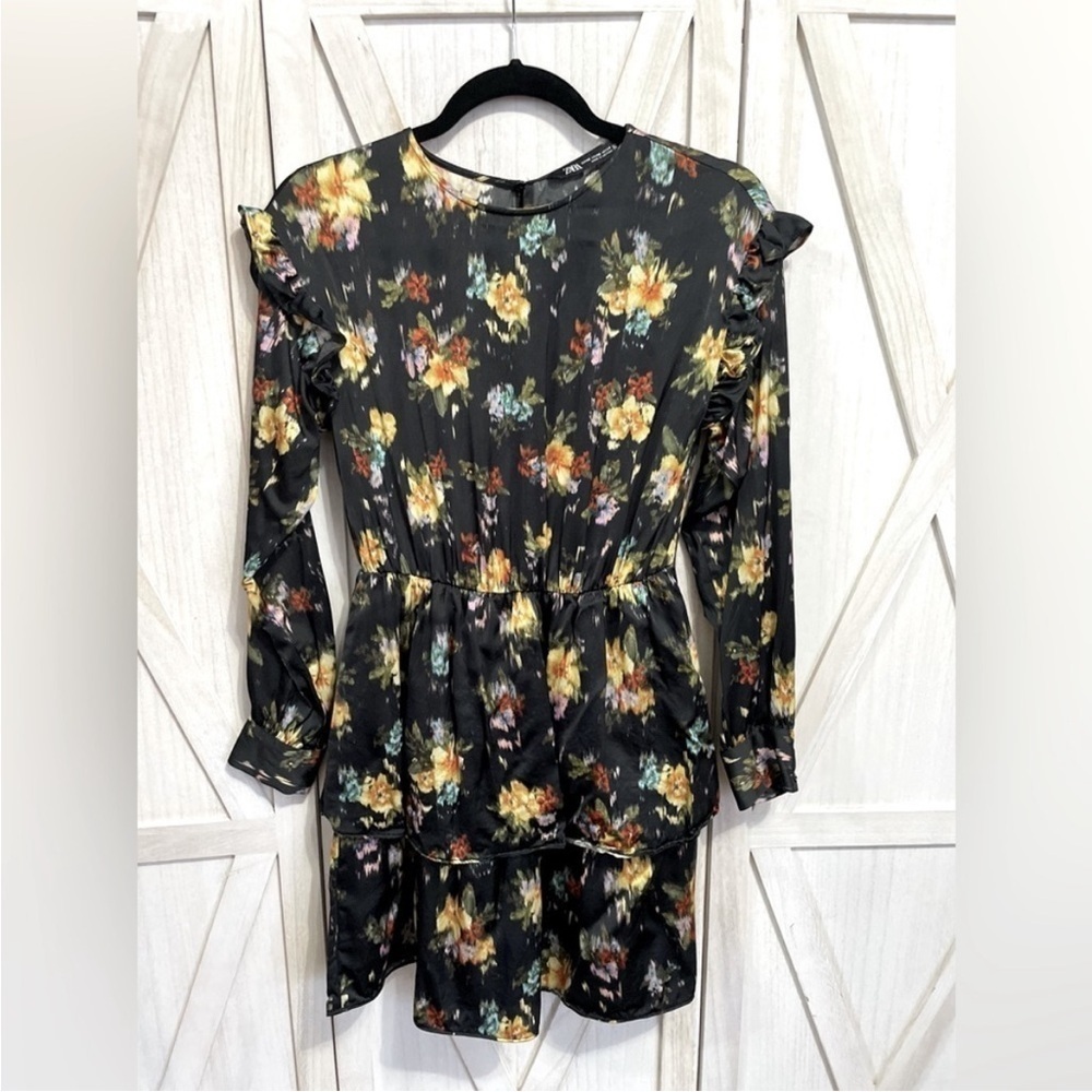 Zara Black Floral Ruffle‎ Mini Long Sleeves Dress Size XS - Picture 3 of 16
